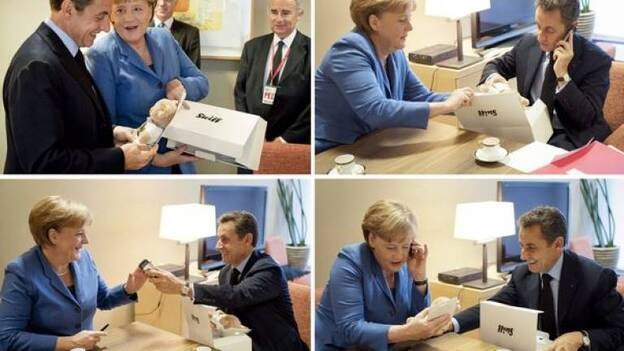 Merkel regala a Sarkozy un oso de peluche para su hija recién nacida