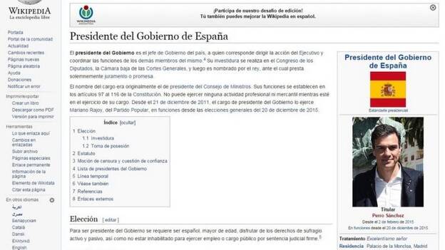 Pedro Sánchez, presidente del Gobierno de España en 'Wikipedia'