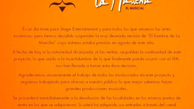 "El hombre de la Mancha" no se estrenará por problemas económicos