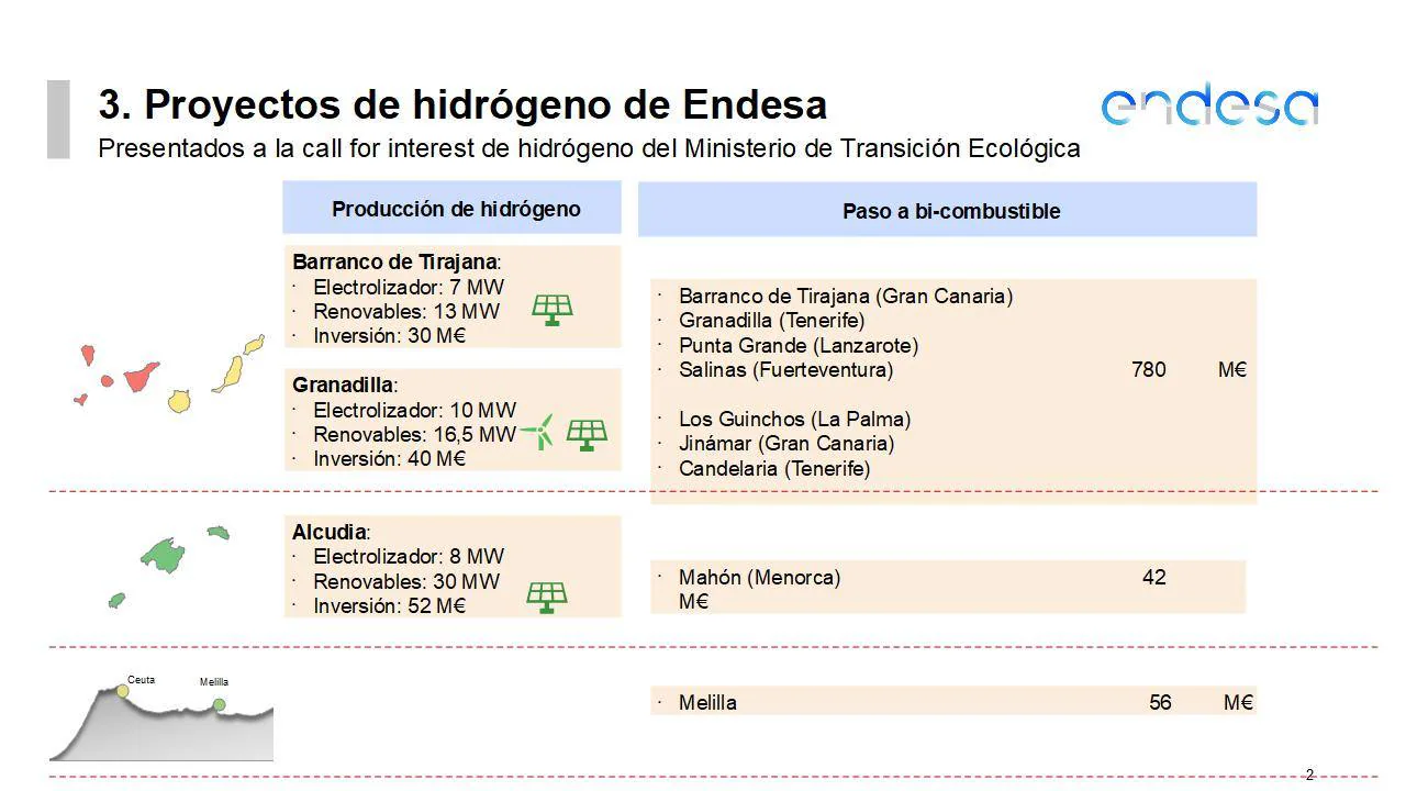 Endesa contempla dos proyectos dehidrógeno verde y el paso de centrales a bi-combustible en Canarias