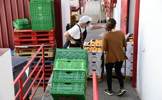 Recepción de alimentos en Cáritas para su distribución a las familias más vulnerables durante la pandemia. / ARCADIO SUÁREZ