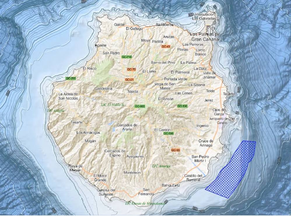 Mapa de ubicación del parque eólico flotante San Borondón (mancha violeta) en aguas del Sureste. 