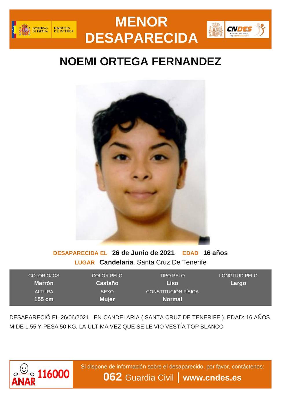Buscan a la menor Noemí Ortega, desparecida en Tenerife