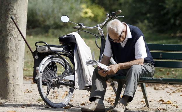 Un jubilado leyendo en un parque. 