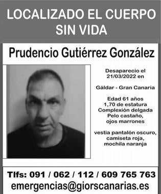 Aparece muerto Prudencio Gutiérrez, desaparecido en Gáldar