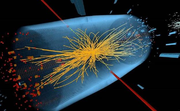 Reconstruction of a proton collision recorded at the Large Hadron Collider.