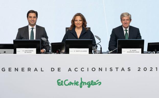 The president of El Corte Inglés, Marta Álvarez, with directors at the group's shareholders' meeting. 