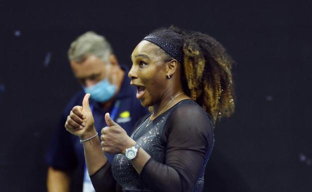Serena Williams celebrates winning her first round match against Danka Kovinic.