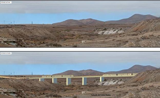 Estado actual del terreno e infografía del viaducto previsto para el tren en la cañada de Lomo Ratón. /C7