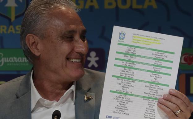 El seleccionador brasileño, Tite, muestra su lista de convocados para el Mundial./Antonio Lacerda / efe