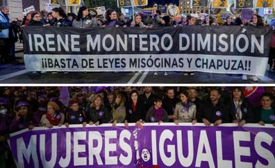 Piden la dimisión de Irene Montero en la marcha feminista de Madrid con ministras socialistas