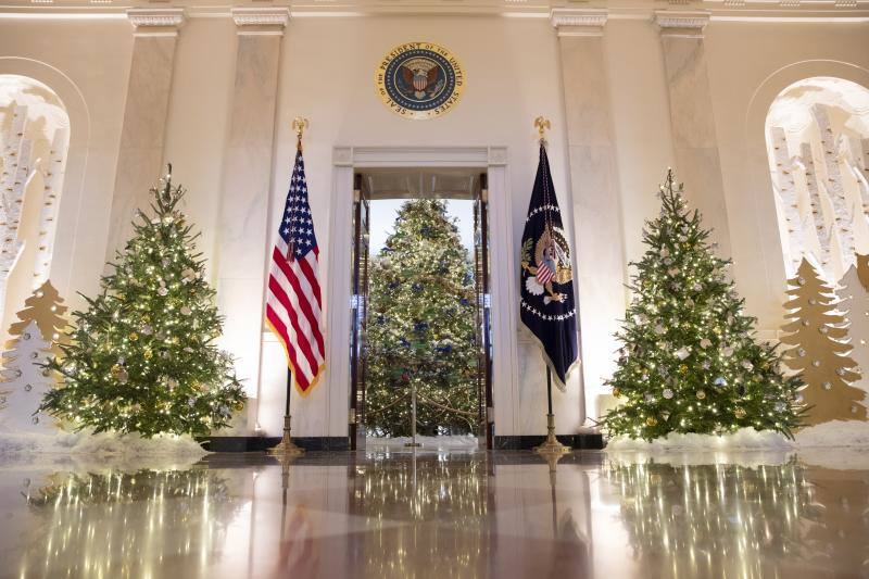 Los árboles de Navidad bordean el Cross Hall, con el árbol de Navidad oficial de la Casa Blanca de pie dentro del Salón Azul (en el centro).